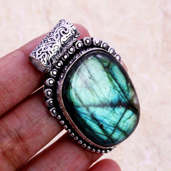 Katherine's Collection Jewelry - Natural Blue Green Firey Labradorite 925 Silver Handmade Pendant of 1.7"